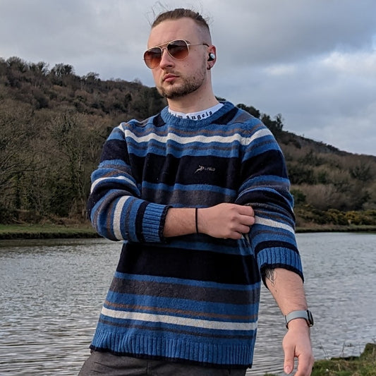 P.G Field Vintage Blue Stripped Crew Neck Wool Jumper Men Size Large