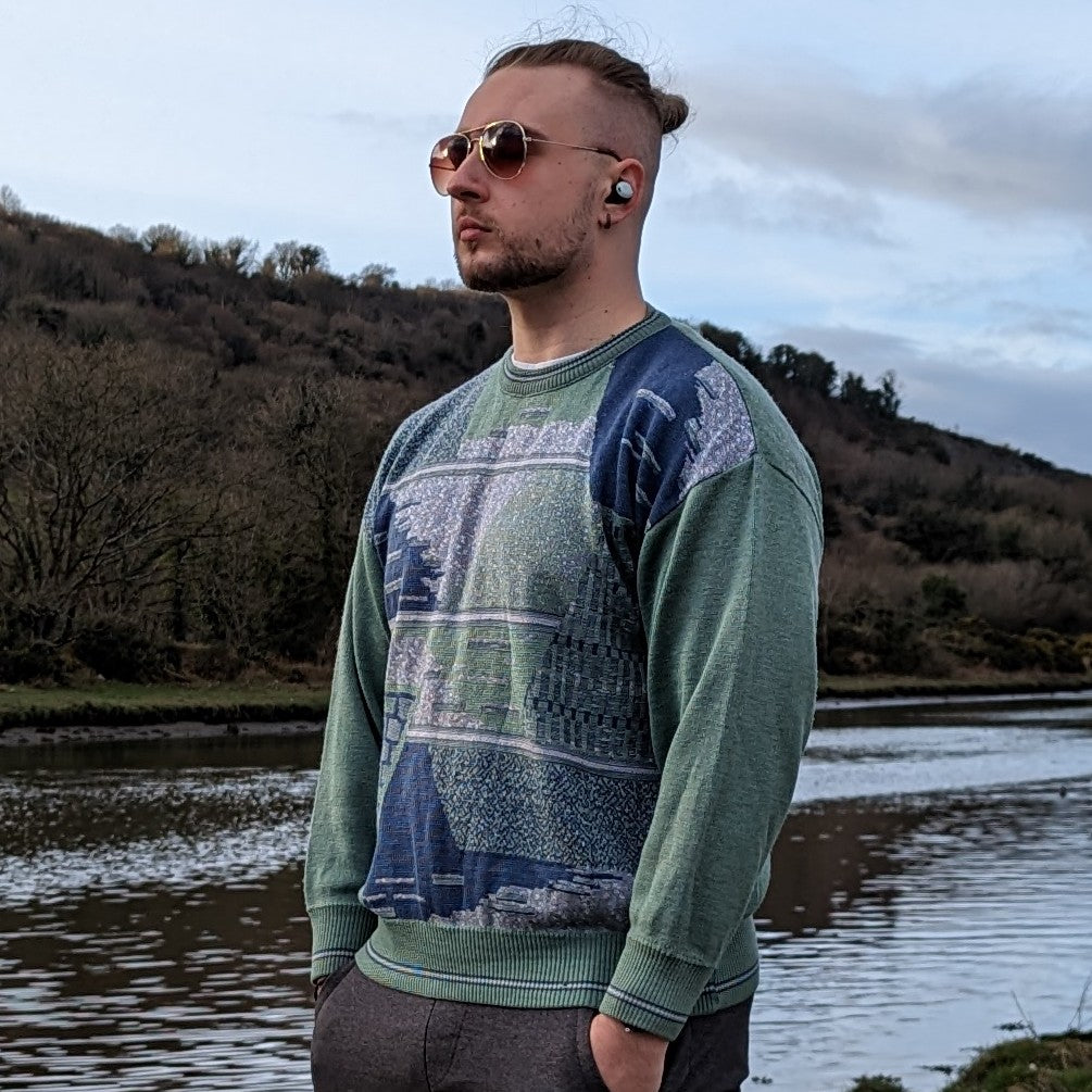 Pierre Sangan Green Vintage Graphic Crew Neck Jumper Men Size XL