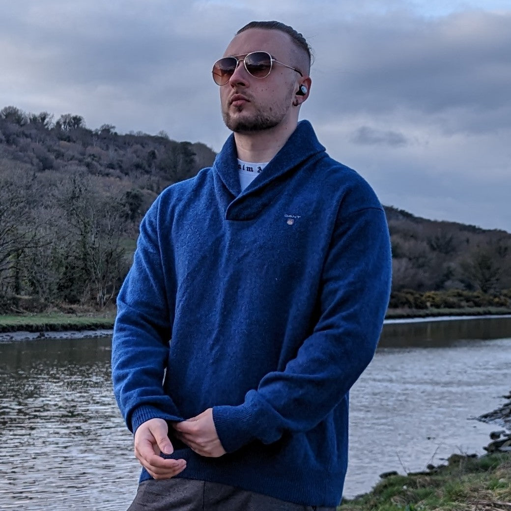 Gant Blue Shawl Neck Wool Jumper Men Size Large