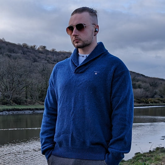 Gant Blue Shawl Neck Wool Jumper Men Size Large