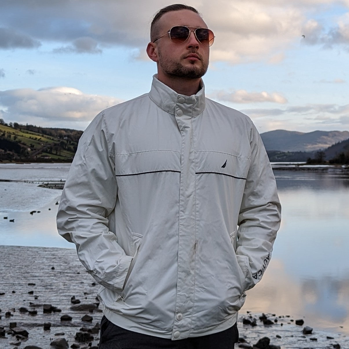 Nautica Vintage White Full Zip Bomber Jacket Men Size Large