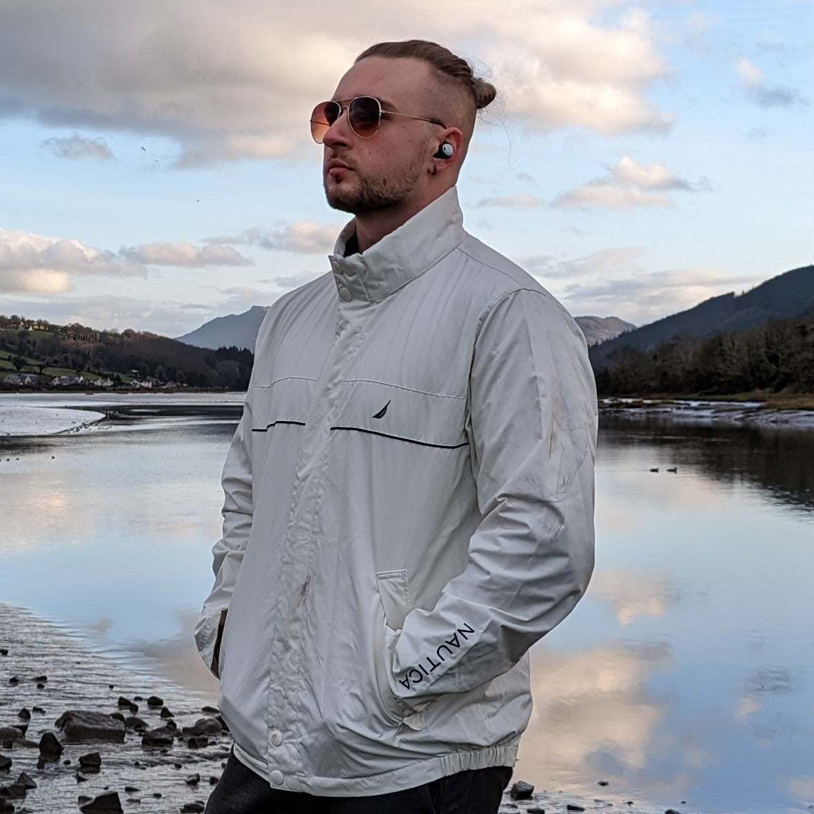 Nautica Vintage White Full Zip Bomber Jacket Men Size Large